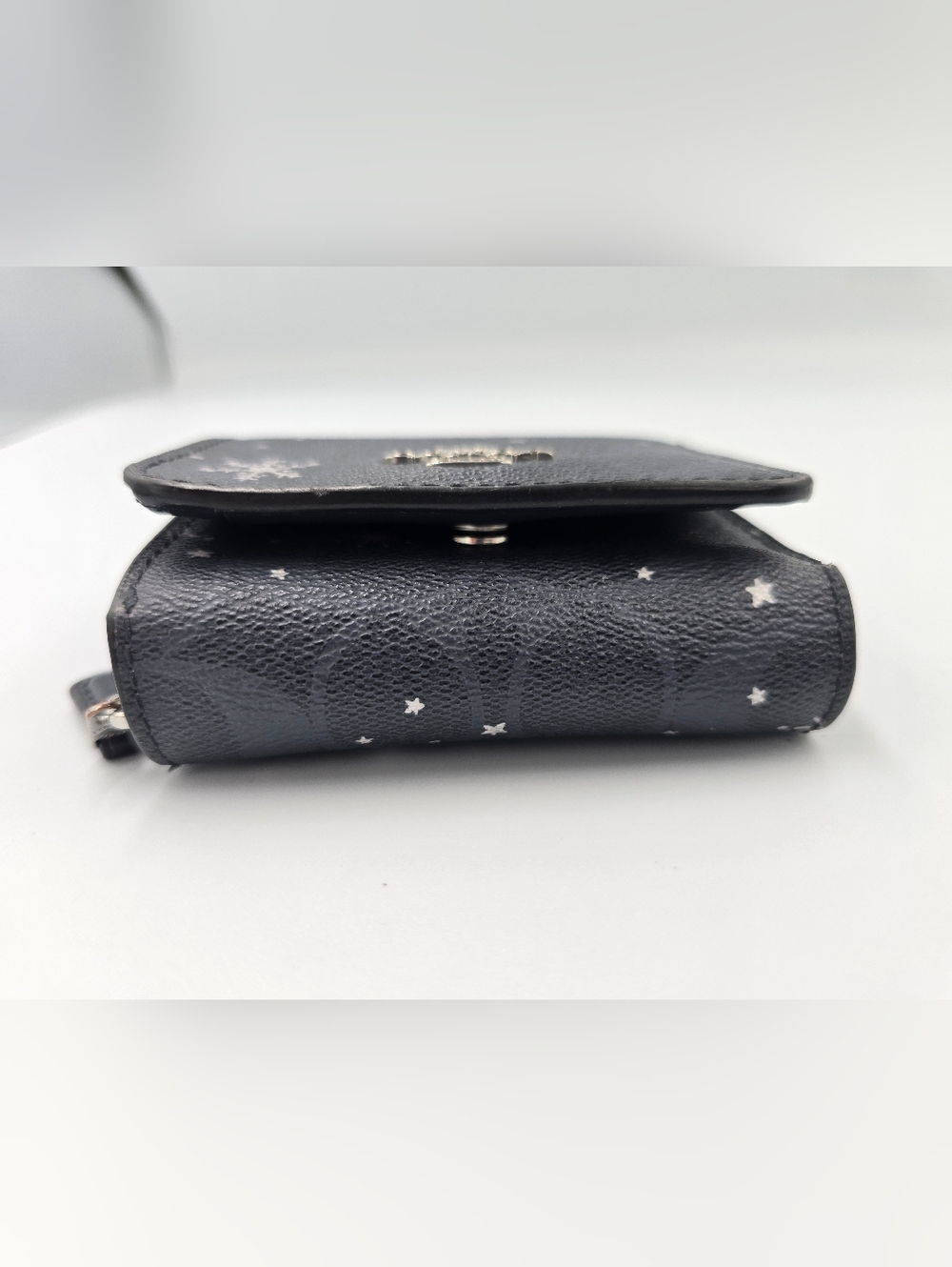 COACH Navy Blue Signature Snowflake Compact Trifold Wallet with Silver Logo - Picture 9 of 15